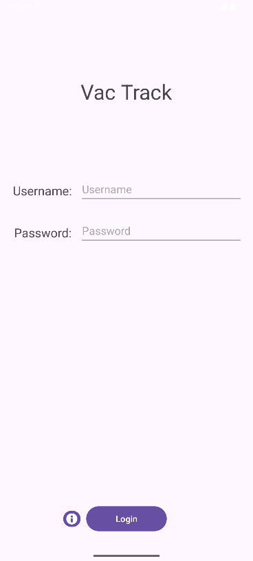 Vac Track login screen